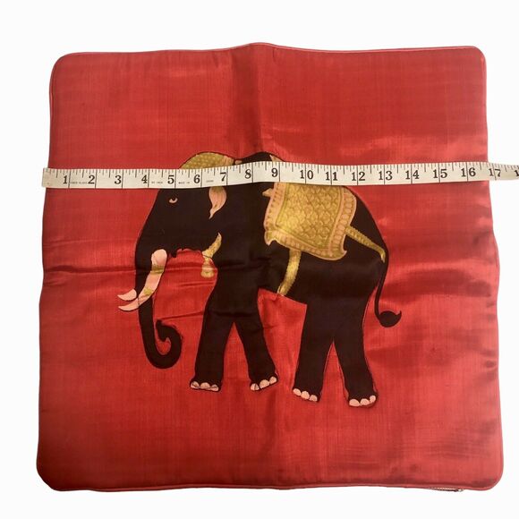 Indian Elephant Cushion Pillow Cover Orange Silk 16” Square - Picture 5 of 6